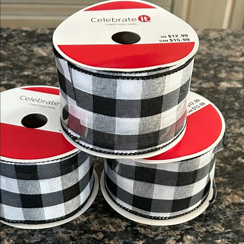 CELEBRATE IT BLACK & WHITE BUFFALO CHECKERED WIRED RIBBON 2.5 x 20FT LOT OF 3